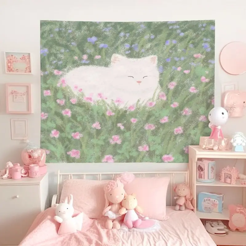 VIKAMA Flower Flowers White Cat Tapestry Flower Sea Healing Cat Background Cloth Dormitory Decoration Tapestry Room Decoration