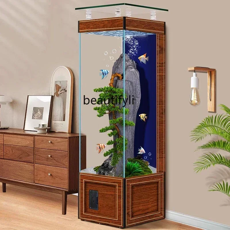 Light Luxury Square Vertical Fish Tank Wall Ecological Glass Aquarium Lazy Change Water Fish Tank