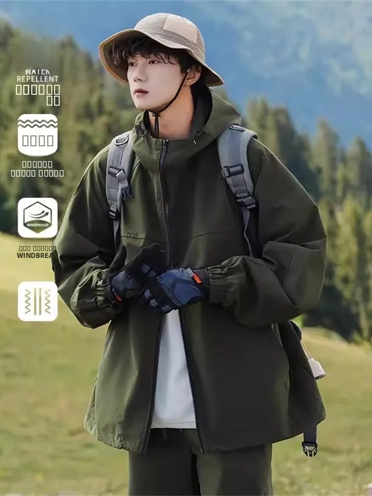 

American Sle Outdoor Climbing Sportswear Set for Men Waterproof Jaet And Pants Long Sve Sweatirt Youth Autumn Outfit