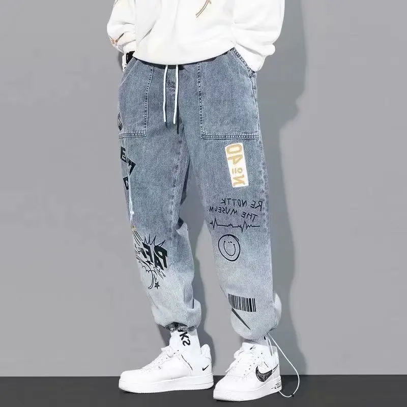 Men Jeans Hip Hop Harem Pants Male Loose Trousers Funny Print Drawstring Pant Male Casual Jogging Streetwear Plus Size S-5Xl