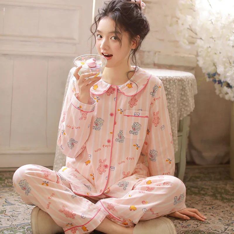 

Милые пижамы для девочек, весенне-осенний кукольный воротник, марлевые женские брюки из чистого хлопка с длинными рукавами, домашняя одежда, комплект из 2 предметов