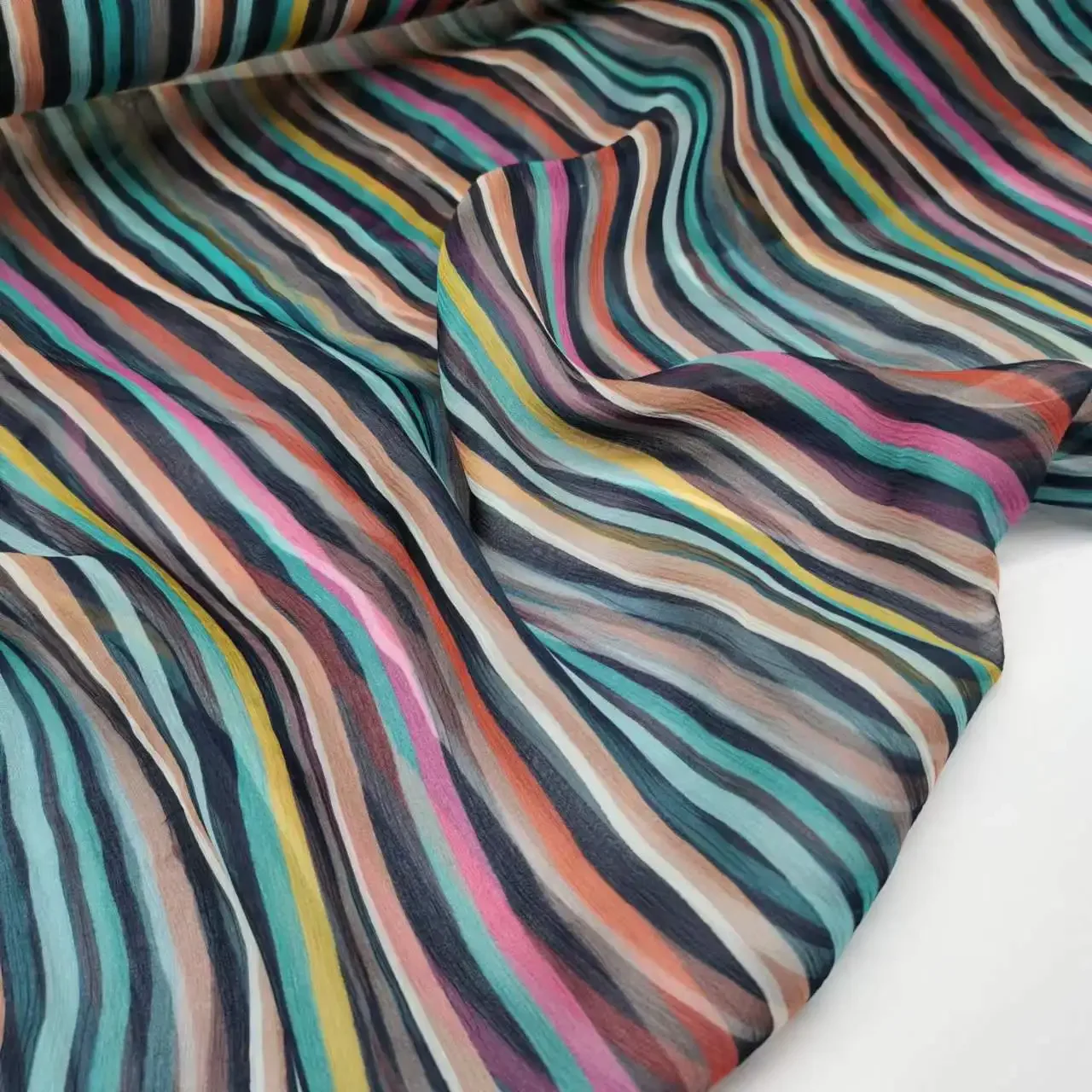 Super Deal Silk Georgette Crepe Fabric Rainbow Colorful Stripe Width 135cm Soft 7mm Dress Scarf Material