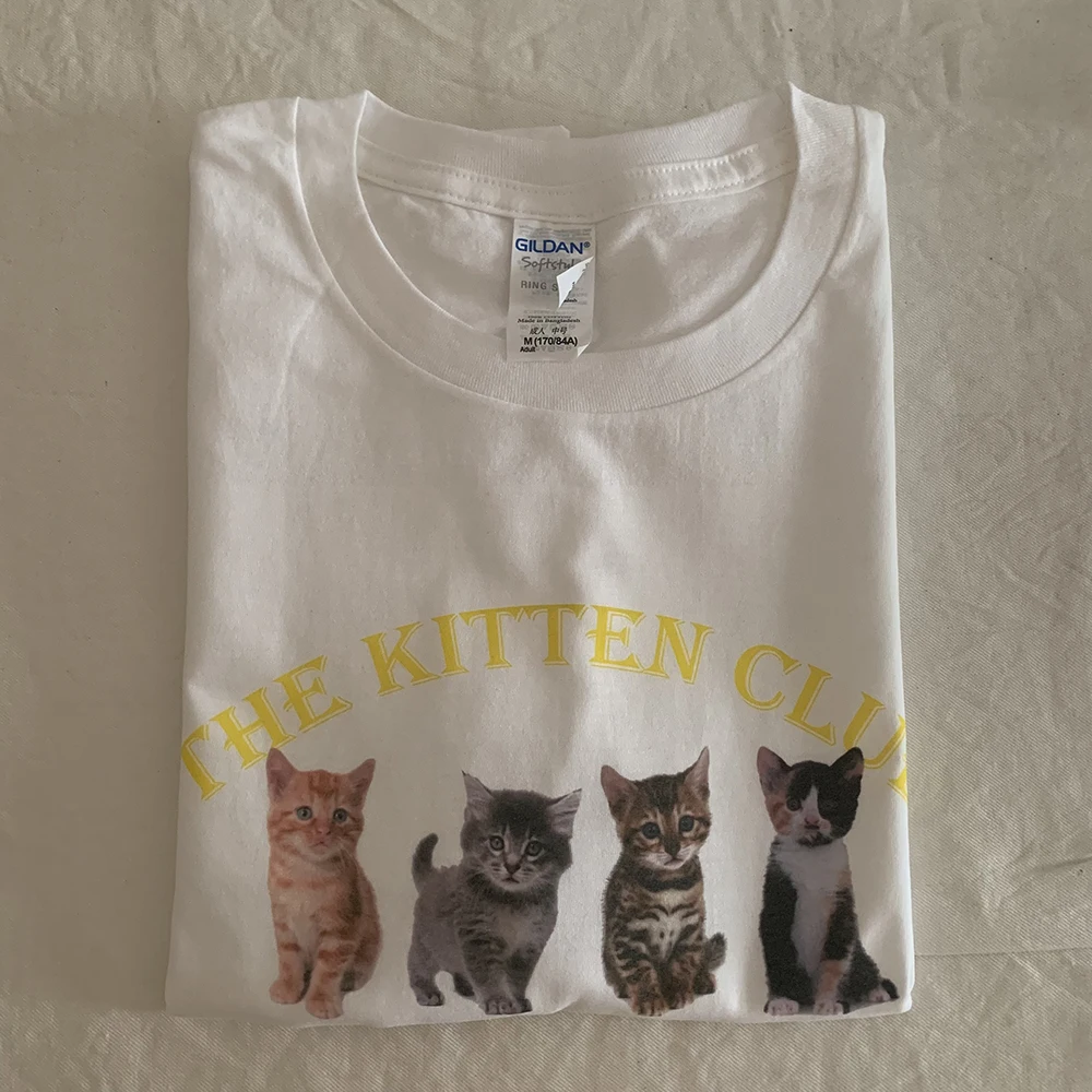 Kawaii The Kitten Club Women T Shirt Streetwear White Cotton Short Sleeve Femme Graphic Tee Cute Grunge Tops