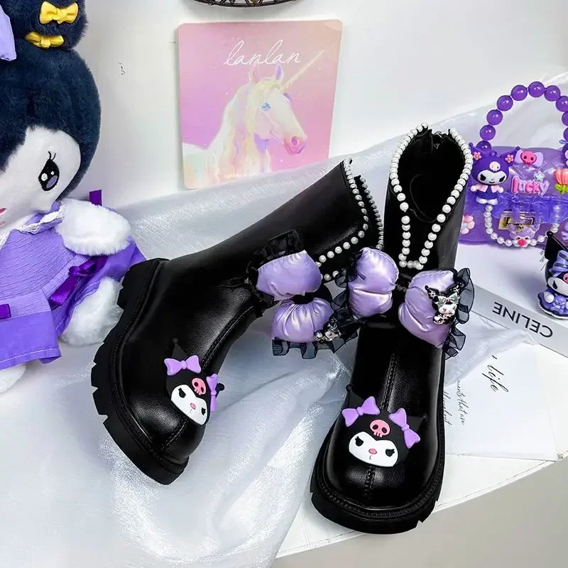 Sweet Kuromi Anime Sanrio Ins Fashion Cotton Long Boots Autumn Winter Cute Kawaii Leather Princess Shoes Y2k Gifts for Kids