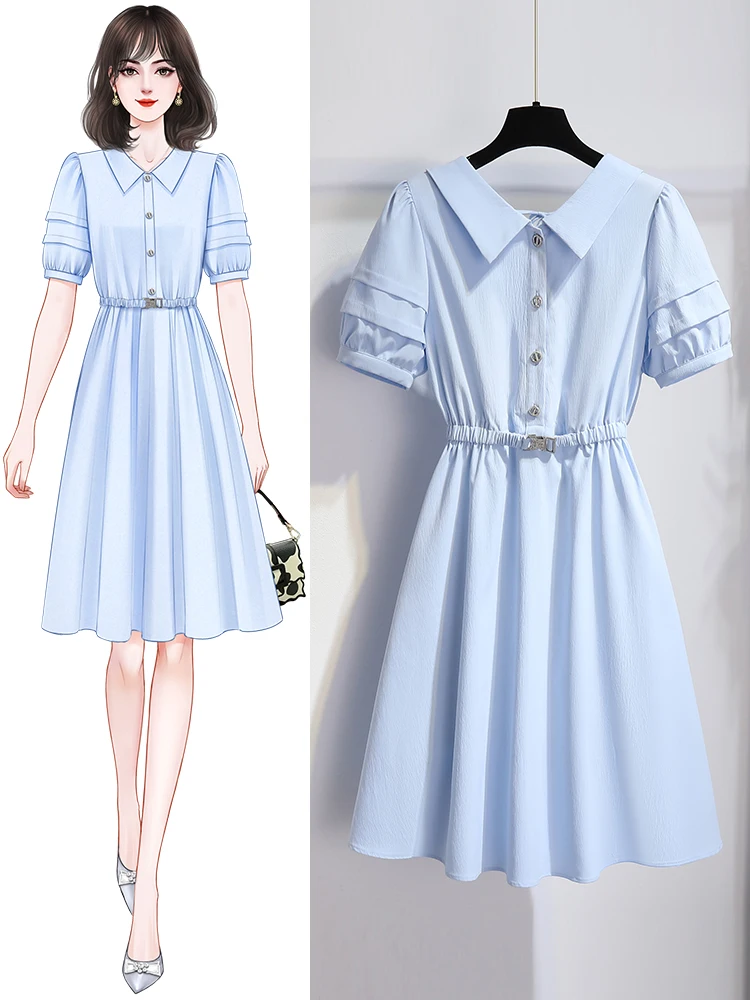 

Blue shirt dress women's summer new temperament foreign age reduction small puff sleeves thin skirt