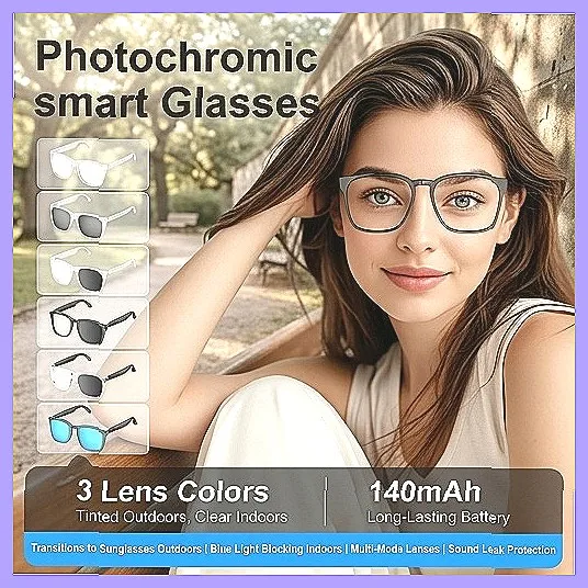 AI Smart Glasses, Bluetooth Wireless Hands-Free, Photochromic Lenses for Driving & Communication