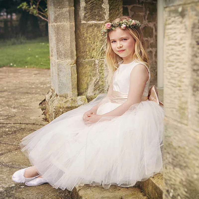 Vestidos de flores para niña, tul Simple y esponjoso para dama de honor, vestido de princesa de boda, Apliques de encaje, fiesta de primera comunión