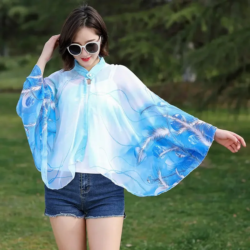 

Summer Sunscreen Clothes Women Cycling Cloak Shawl Coat Chiffon Cloak Shawl Thin Style Lady Poncho Capes Blue