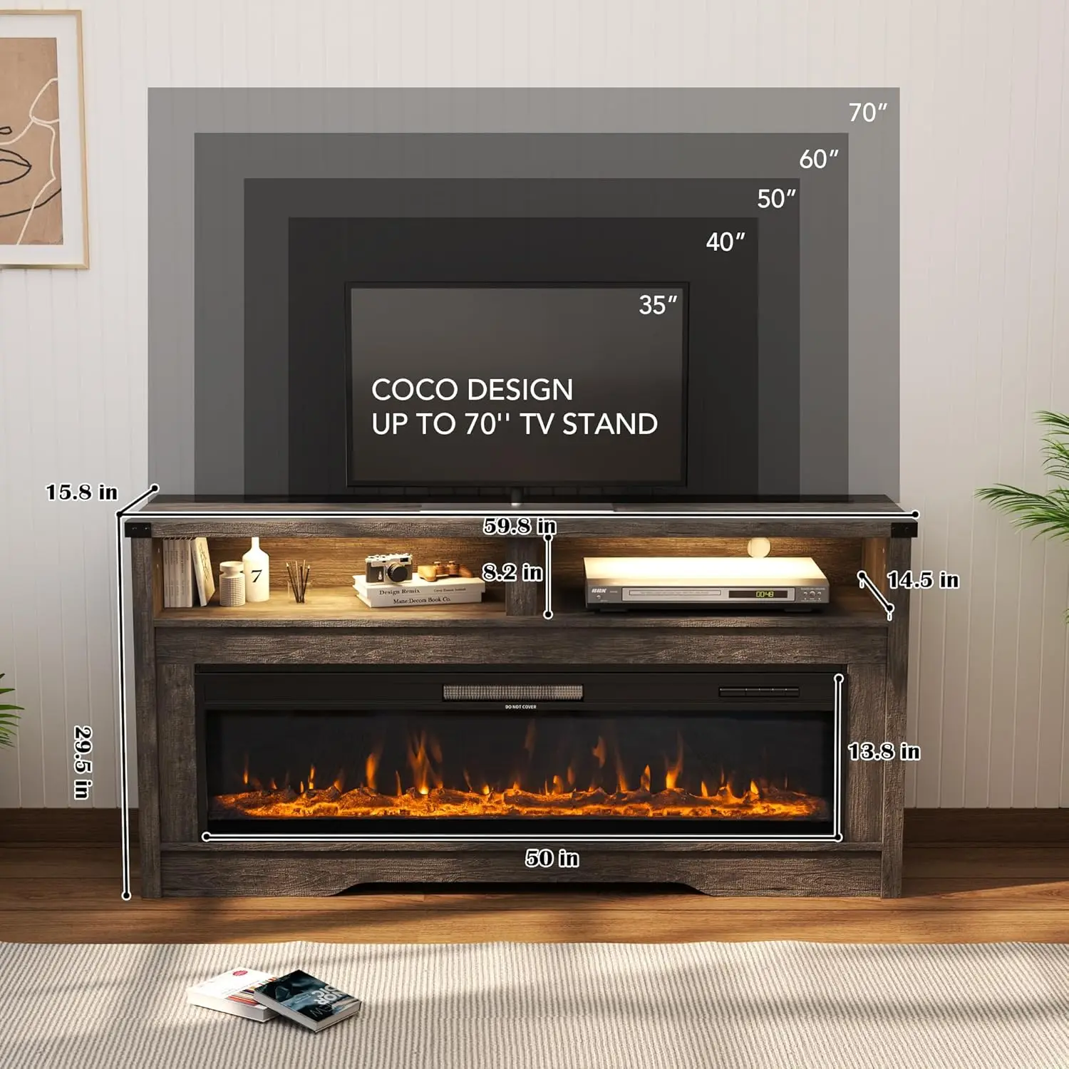 Fireplace TV Stand, Multicolor Wood Texture 50