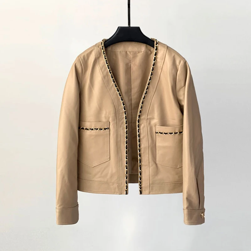 S-2XL المرأة جلد الغنم سترات قصيرة 2025 خريف جديد أسود الخامس الرقبة سترة سلسلة الإناث سليم صالح سترة جلدية حقيقية معطف الملابس