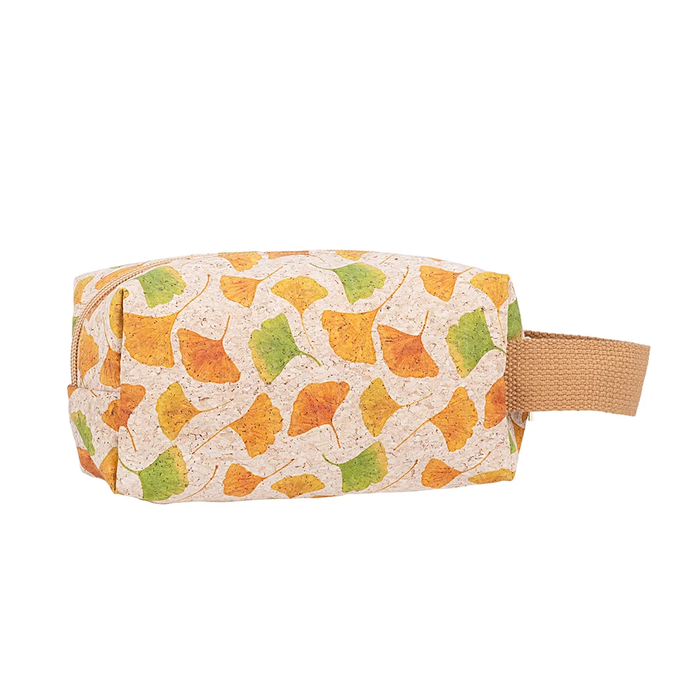 10pcs Cosmetic Bags Women Cork Leather Geometric Leaf Print Solid Makeup Pouch Protable Wash Bag With Wrist Mix Color