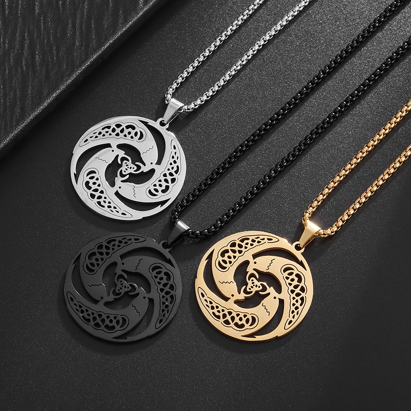 Stainless Steel Animal Crow Trinity Celtic Pendant Necklace Men\'s Fashion Lucky Irish Knot Amulet Jewelry Gift