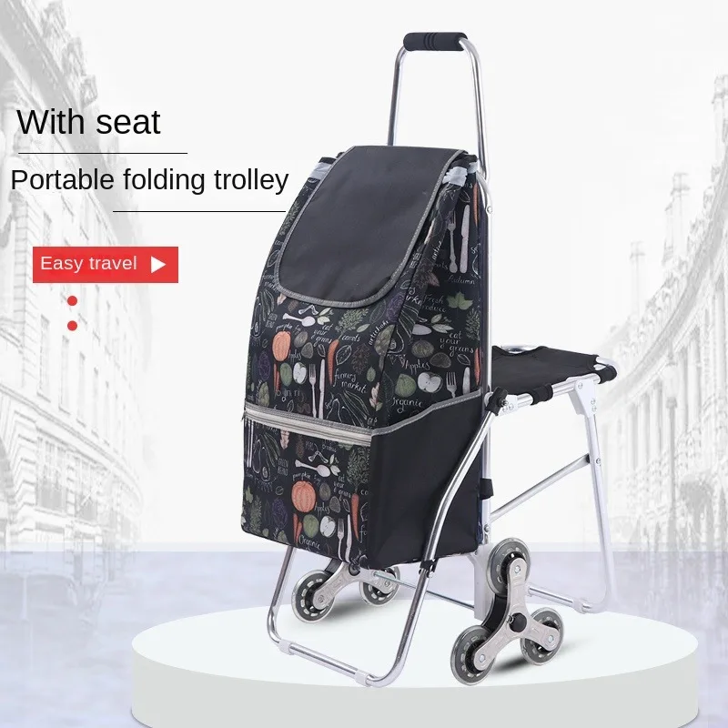 Can Sit Portable Shopping Bag with Wheels Trolley Seat Stool Tote Bag Shopping Cart Folding Climbing Stairs Storage Bags