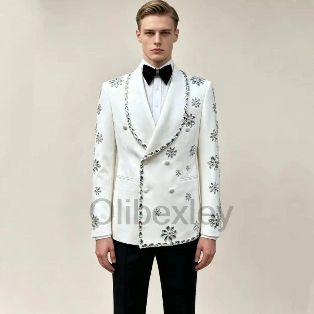 Olibexley Shiny Diamond Beaded For Men Slim Fit Double Breasted Blazer Applique Prom Party 2 Piece Jacket Pants Customized S400