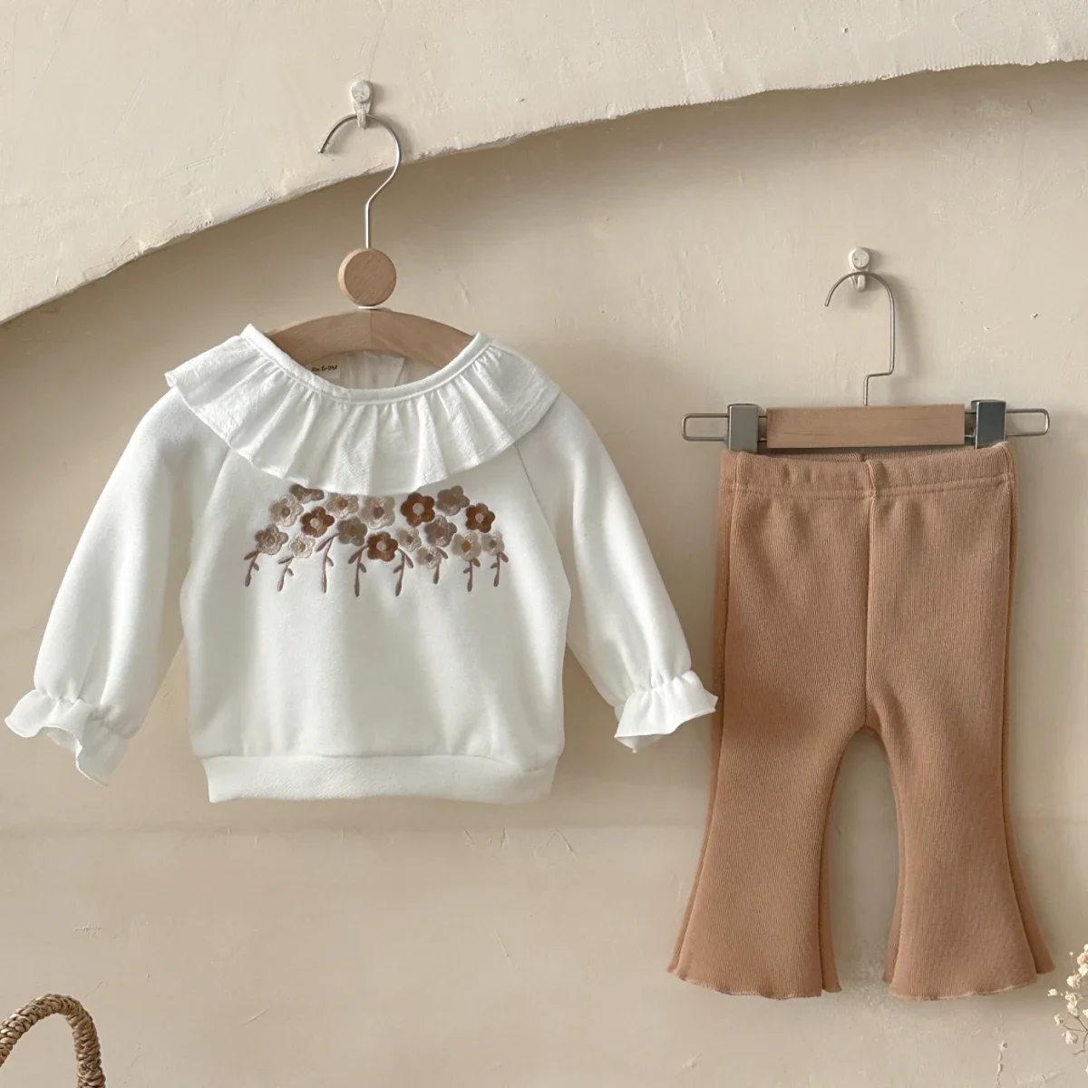 2Pcs Children's Set Autumn Winter Beautiful Floral Embroidery Lapel Long Sleeve Pants Baby Girl Plush Thickened Outfit 1-3 Years