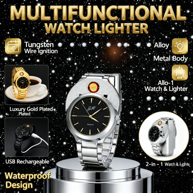 Scratch-Resistant Steel Watch Lighter - Type-C Fast-Charge Flameless USB, Windproof Quartz Clock, Ideal Men’s Gift with Gift Box