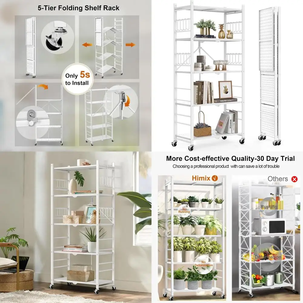 ステンレス製5段折りたたみ棚、フック20個、4輪、調節可能な脚付き