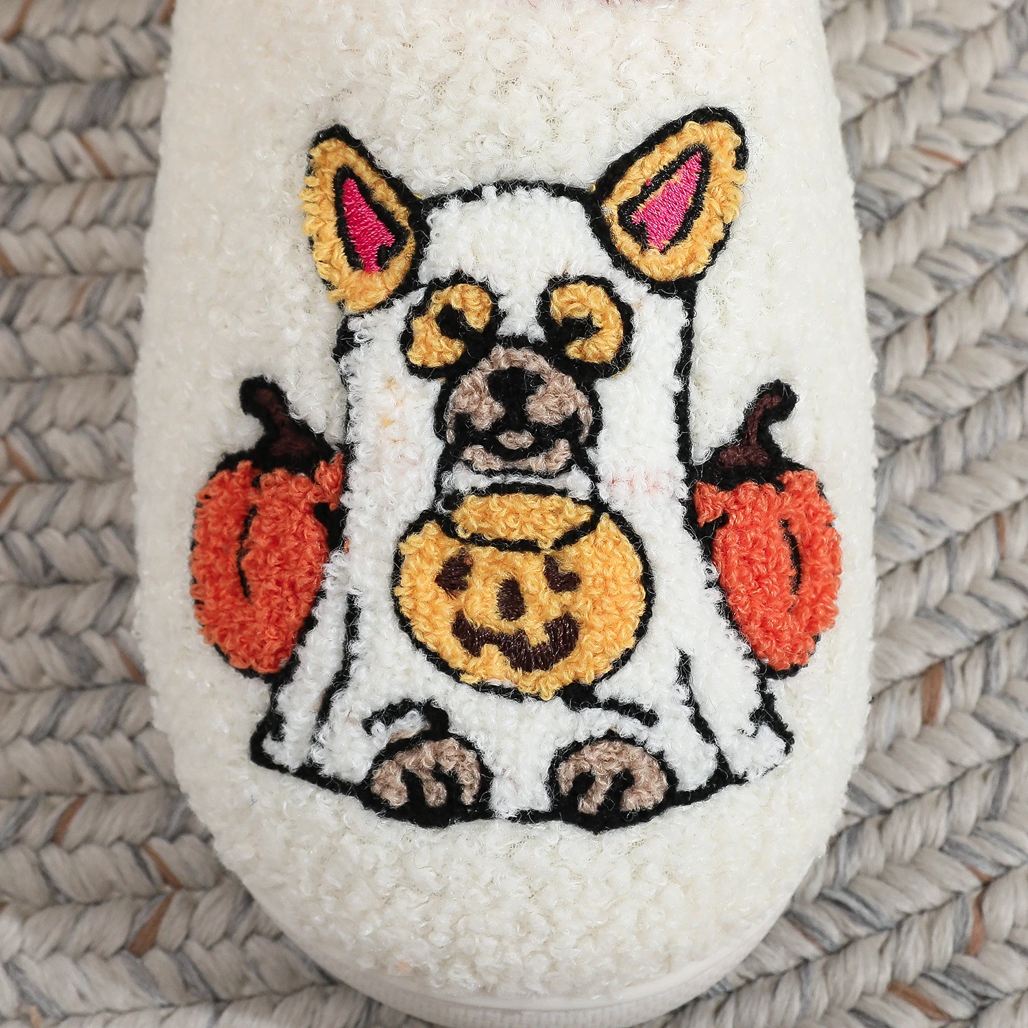 A Pair of White Halloween Pet Dog Ghost Dress up Pumpkin Element Pattern Embroider Plush Home Thick-Soled Comfortable Fur Slippers Personalized Warm Non-Slip Indoor Slippers Autumn and Winter Gifts for Men and Women to Wear - view 3