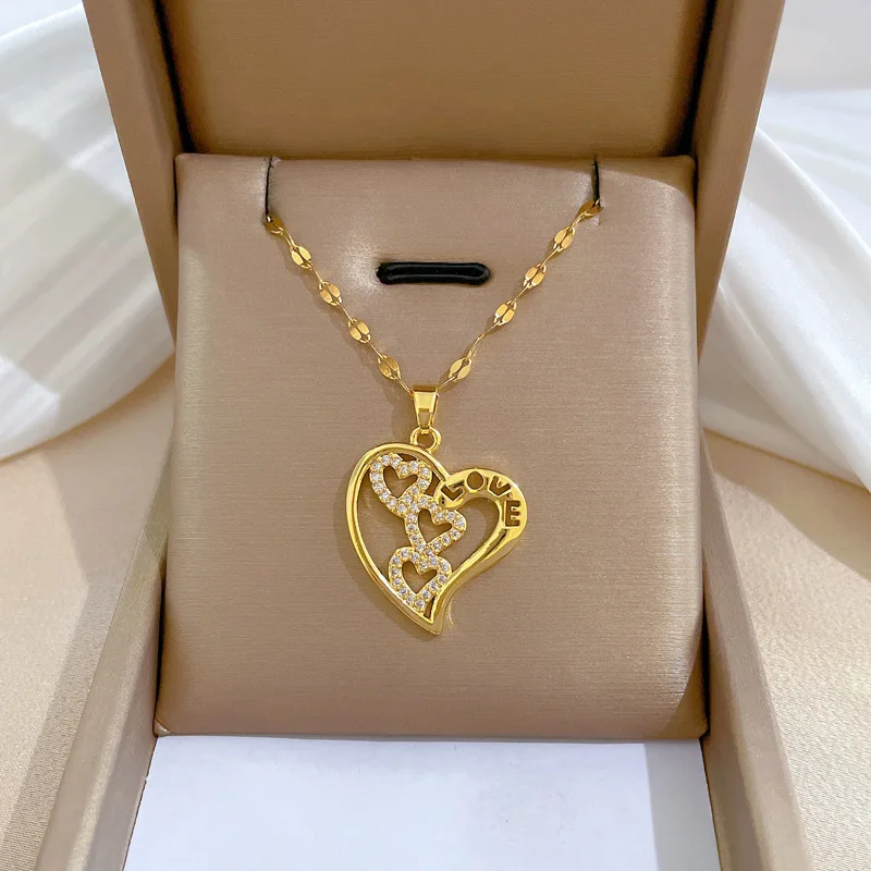 Trend ige Herz Edelstahl Zirkonia Halsketten für Frauen Mädchen lieben Gold Farbe Metall Halskette Party Geburtstag täglichen Schmuck