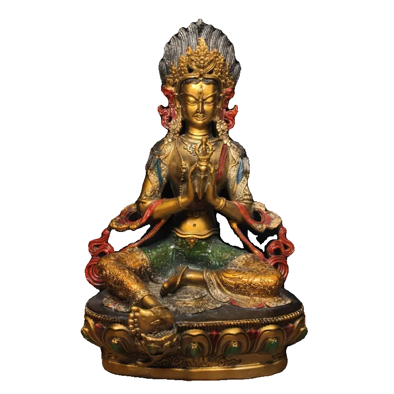 

Ancient China's refined pure copper painted green Tara Buddha with exquisite craftsmanship and thick coating