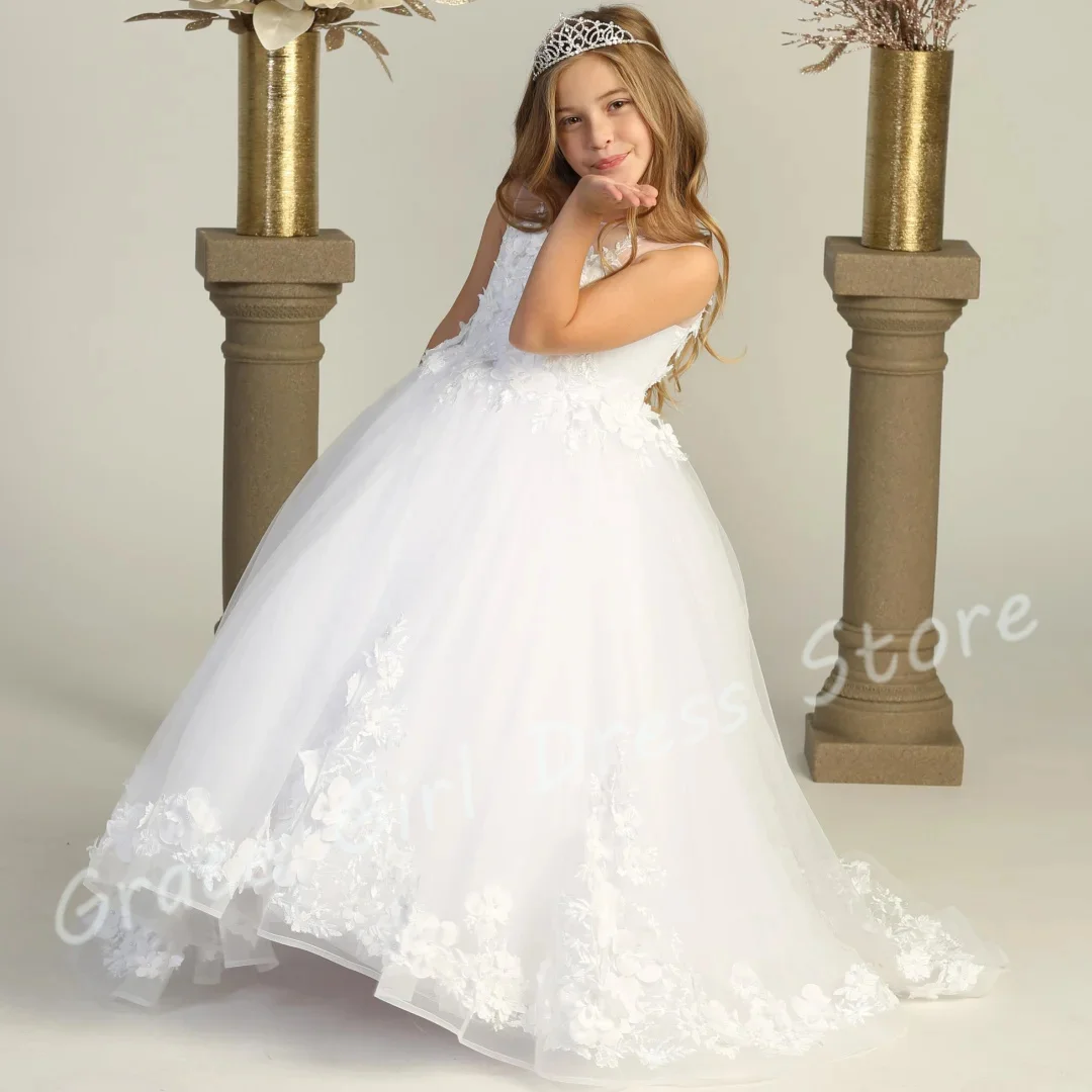 

Customized Ivory Flower Girl Dress For Wedding Sleeveless Appliques Elegant Princess Quinceanera First Communion Bridesmaid Gown