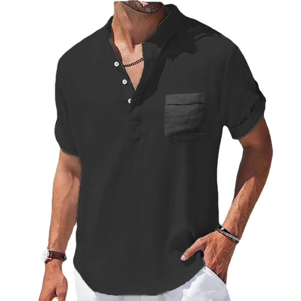 Novo masculino casual gola alta verão cor sólida manga curta camisa de linho na moda respirável solto juventude básico bolso topo