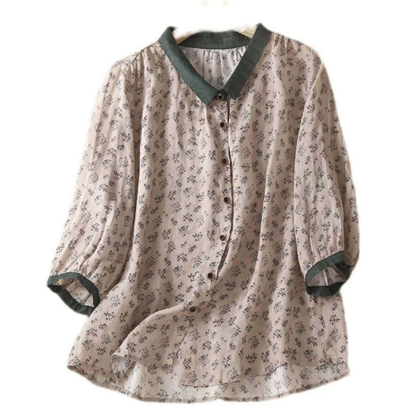 Women's Ramie Floral Shirt Single Breasted Thin Color Block Lapel Long Sleeve Top