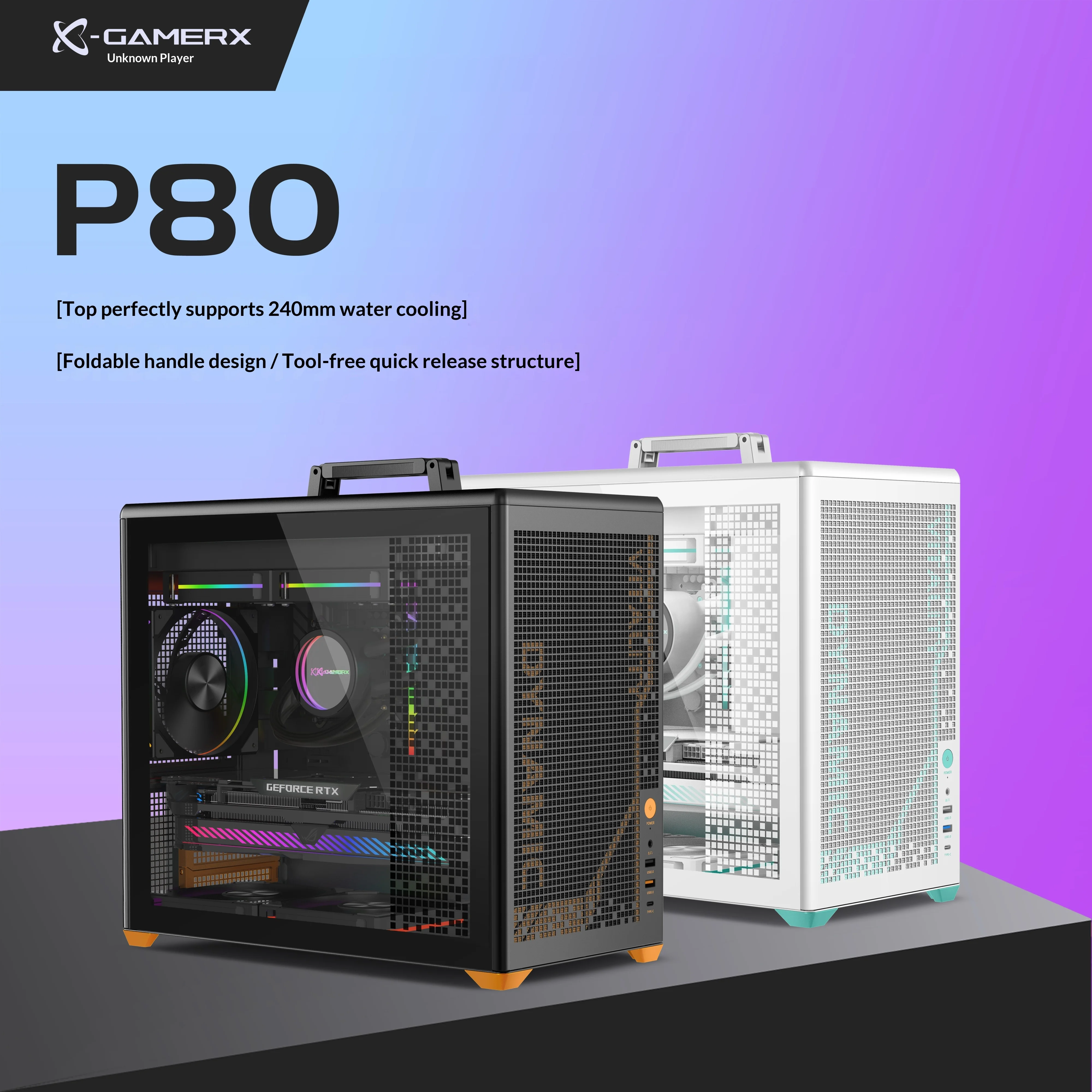 

X-GAMERX P80 PC case ITX MATX Transparent side 240 water-cooled TYPE-C Desktop Folding handle Portable Computer Case
