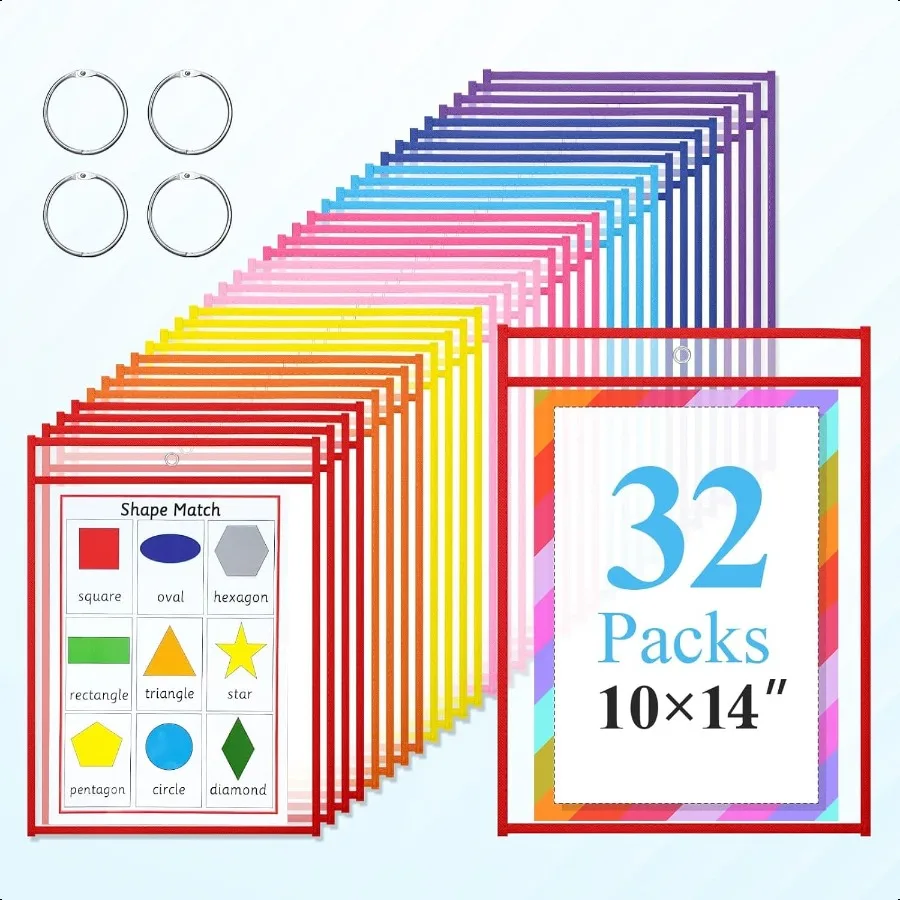 

32 Pack Dry Erase Pocket Sleeves with Rings 10x14 Inch Plastic Paper Sleeves Clear Job Ticket Holders Reusable Write and Wipe P
