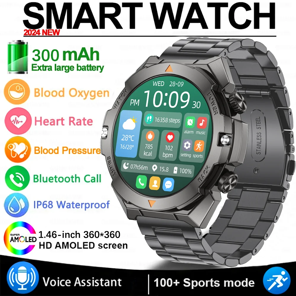 

For Huawei Xiaomi New AMOLED Smart Watch Men Rugged Military Bluetooth Call Heart Rate Fitness Tracker IP68Waterproof Smartwatch