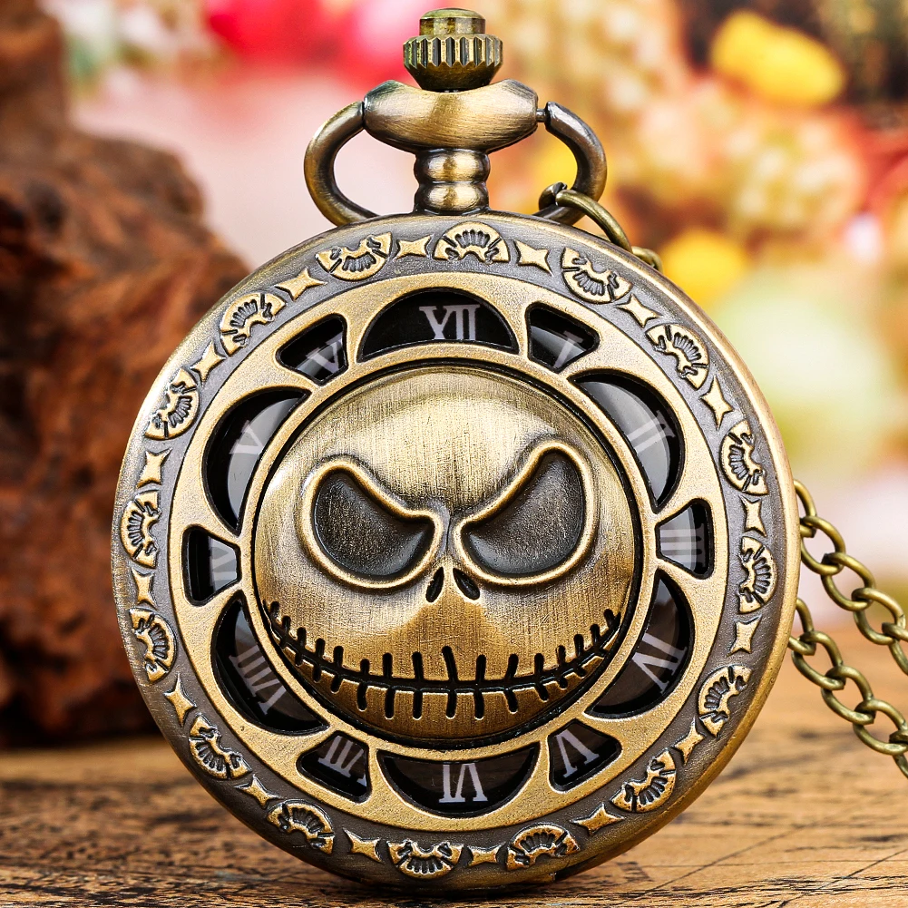 Bronze Punk Vintage Skeleton Skull Roman Numerals Dial Quartz Pocket Watch Pendant Necklace Watch Chain Gifts for Men Women