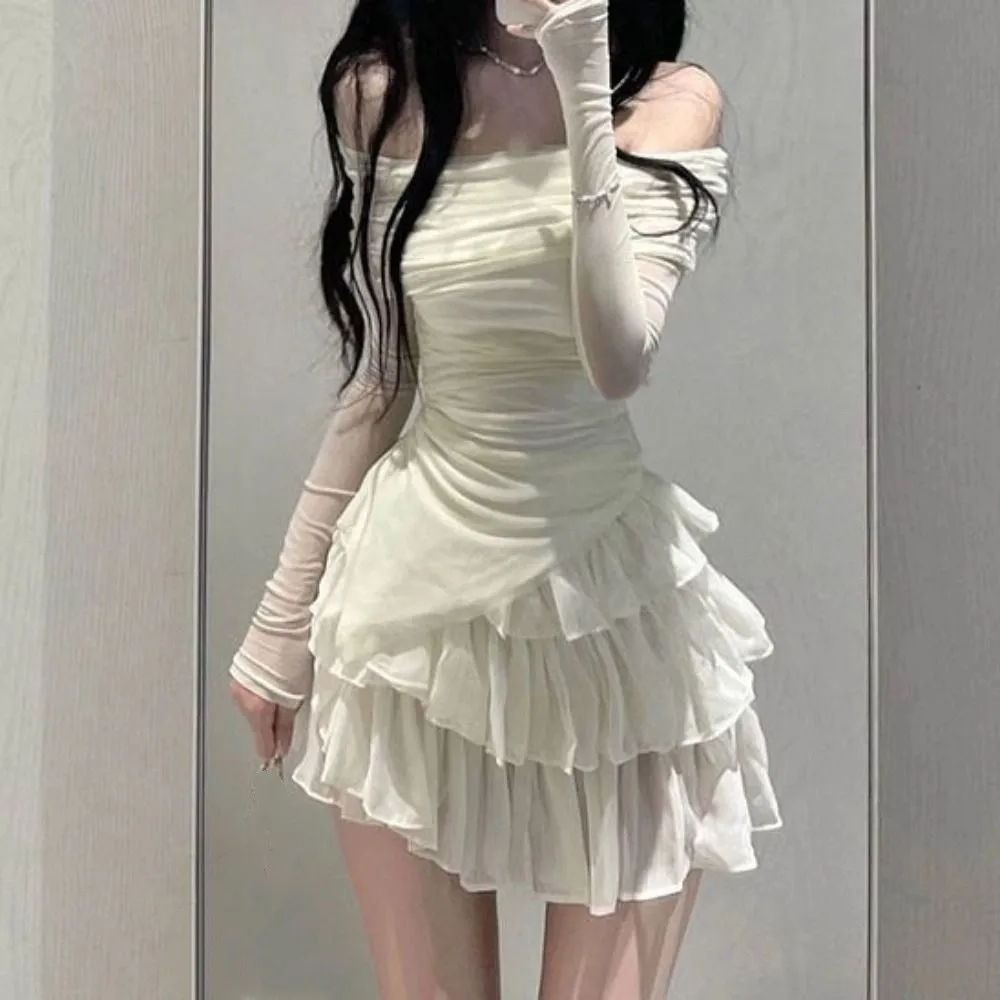 Off Shoulder Sweet Girls Wear Suit Sunscreen Ruffle T-shirt Cake Skirt Set Slim Fit Long Sleeve Sweet Summer Clothes Holiday