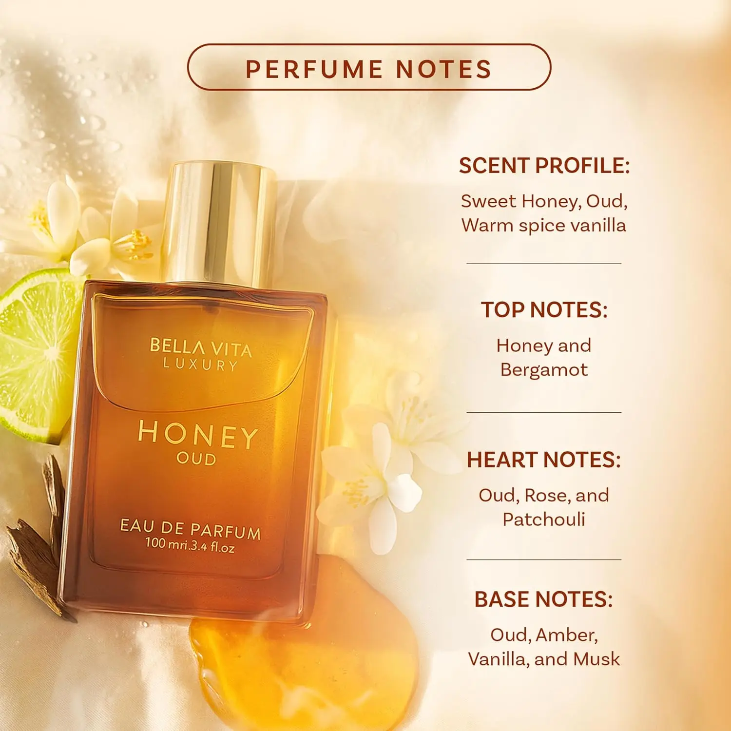 BellaVita Luxury Honey Oud EDP 3.4oz – Perfume cálido y dulce de vainilla y ámbar de larga duración, regalo ideal