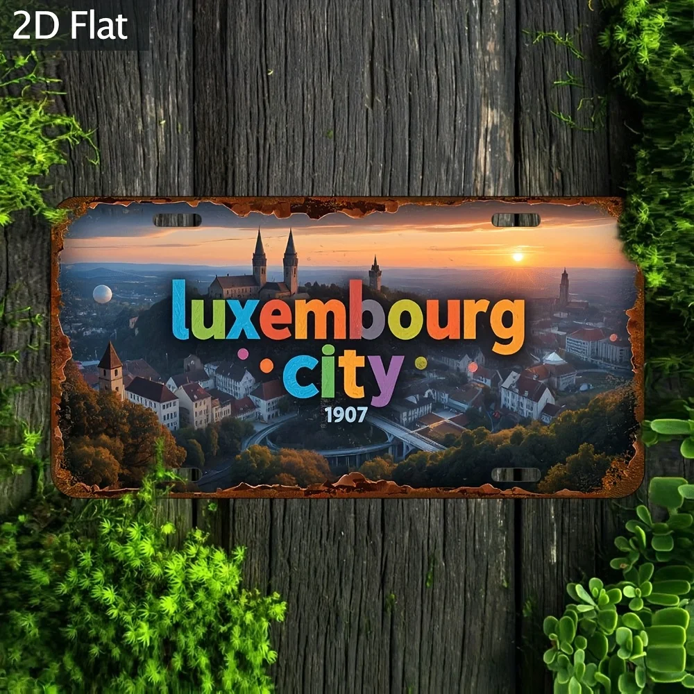 2D Flat, 1pc Vintage Aluminum Metal Sign - 2D Flat Wall Artwork with Pre-Drilled Holes, Luxembourg Cityscape Sunset Design Highl