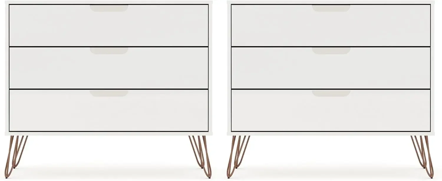 Rockefeller Mid Century Modern 3-Drawer Bedroom Dresser, Set of 2, White