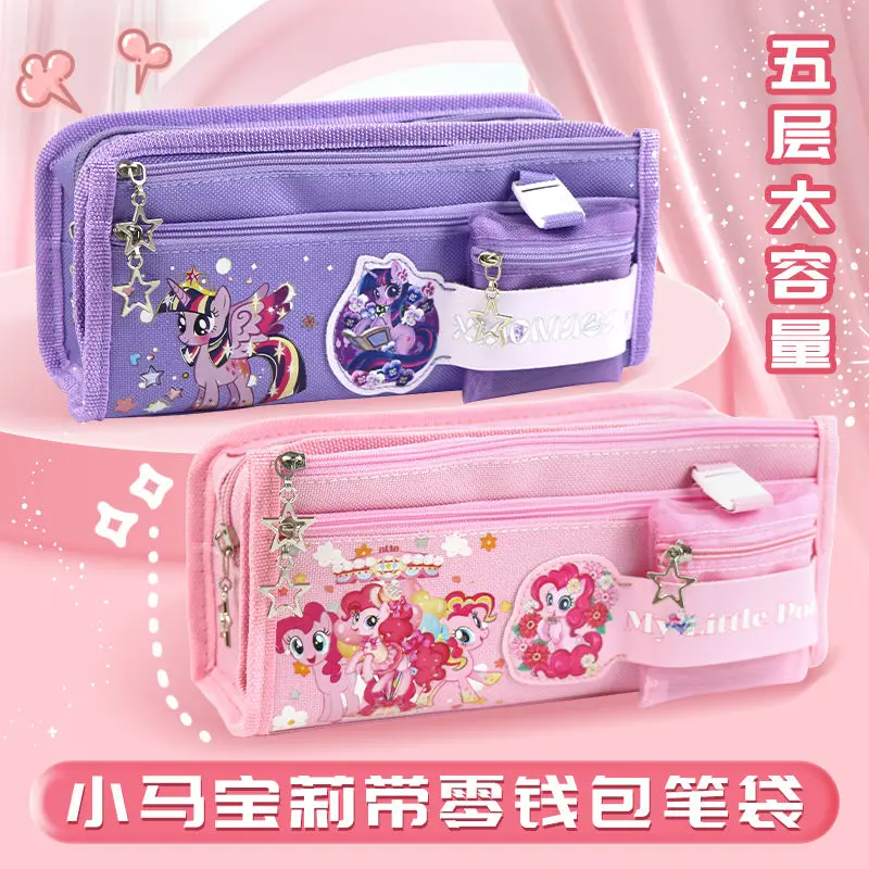 My Little Pony Pencil Bag Cartoon Anime Stationery Box Student Canvas Multi-layer Coin Purse Female Cute Pencil Box Wholesale