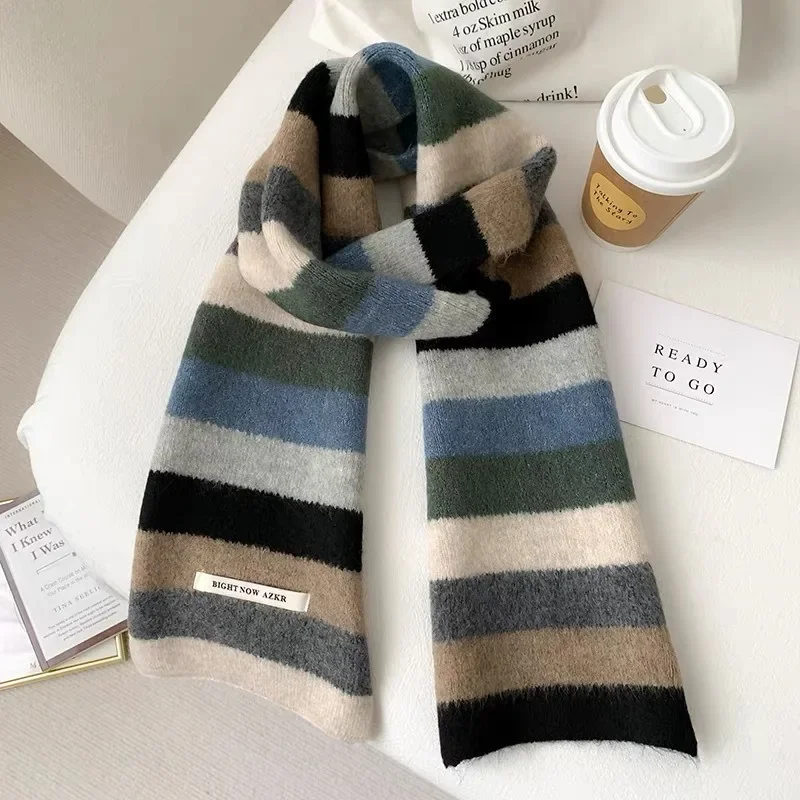 New Korean Fashion Scarf Winter Autumn Women Striped Knit Wool Muffler Female Chic versatile Small Soft Warm Shawl Trendy Girl