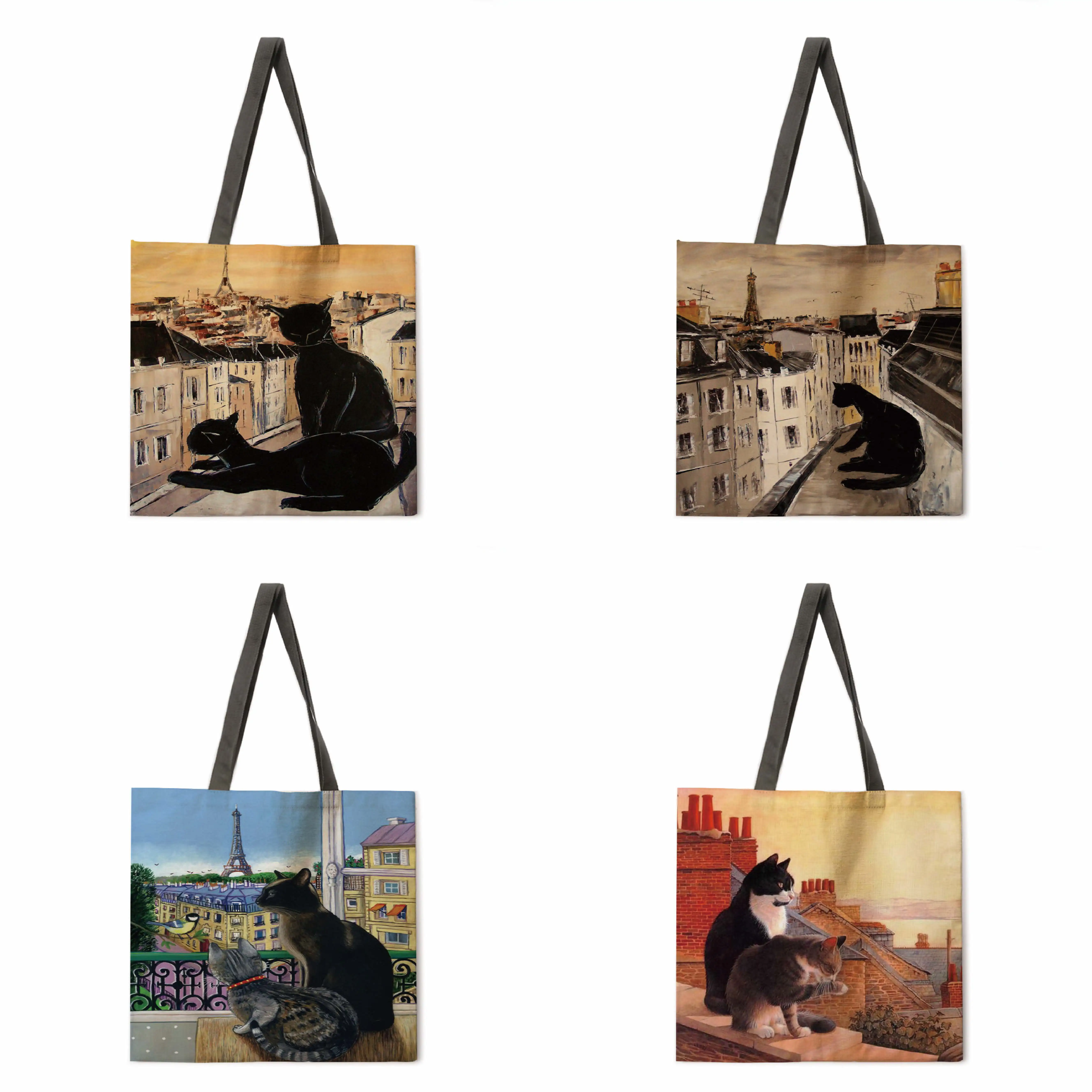 

Art Cat Linen Bag Handbag Lightweight Shoulder Bag Large Capacity Eco-friendly Shopping Bag Handbag Tote Bag