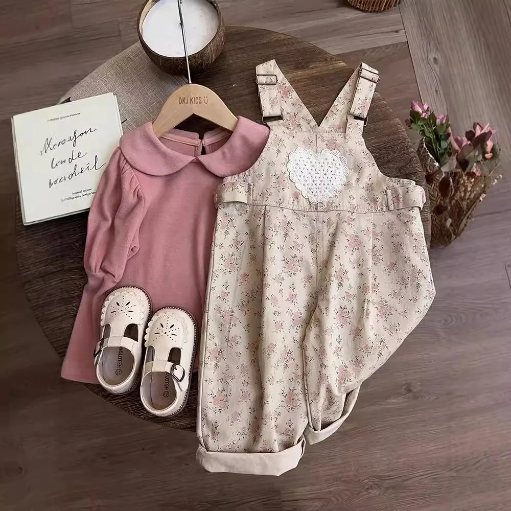 Kids Girls 2PCS Clothes Set Solid Bottom Tops Floral Loose Suspender Pants Suit Spring Autumn Toddler Girls Outfits