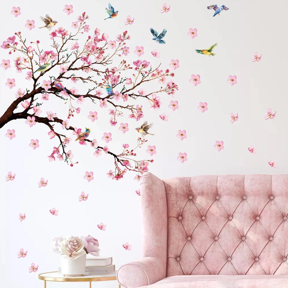 Watercolor-style cartoon bird and floral wall decals set – vibrant hand-painted look – eco-friendly PVC – removable waterproof s