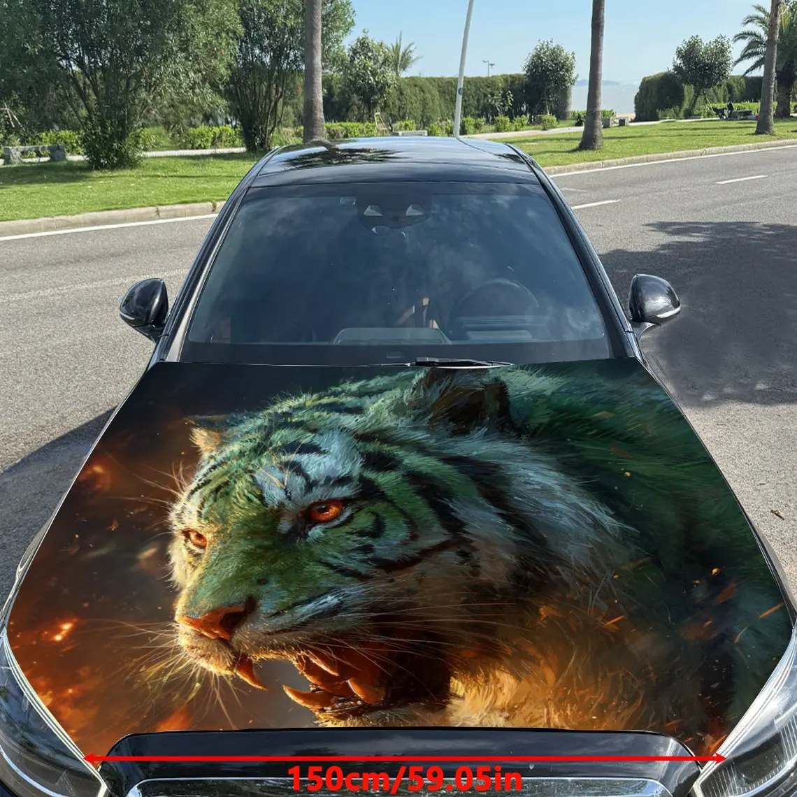 Car Decals Tiger with Striking Green Fur, Fiery Accents, and a Fierce, Aggressive Expression Car Hood Sticker, Waterproof Self -