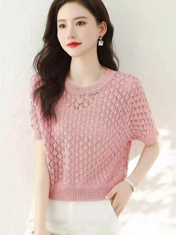 

Summer Sweet Versatile Print Design Knitted Top Loose Fashionable round Neck Overhead Short Sleeve Slimming Women's Shirt