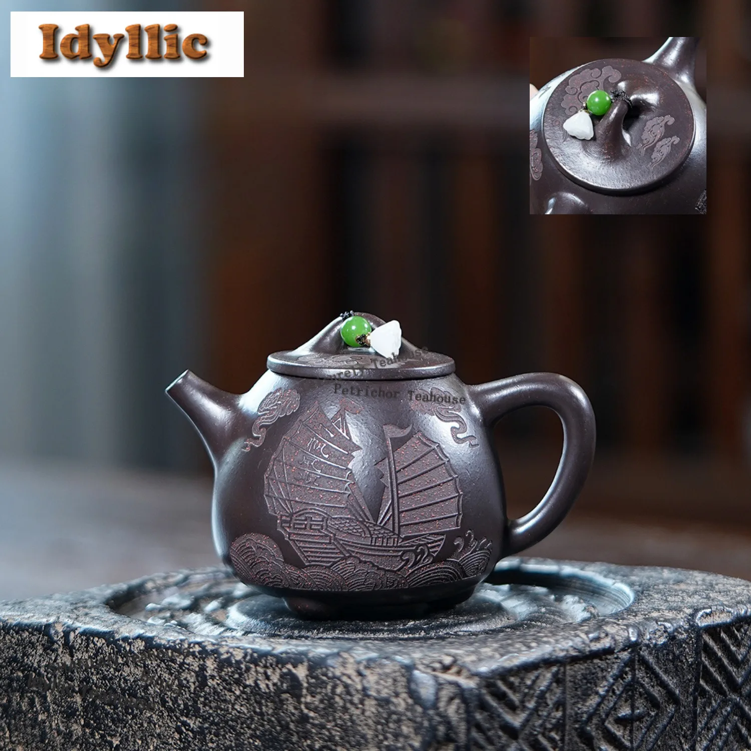 

210ml Creative Yixing Purple Clay Teapots Handmade Boat Stone Spoon Pot Raw Ore Black Gold Mud Kettle With Strainer Zisha Teaset