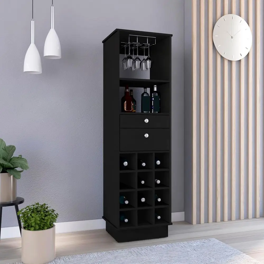 

Узкий шкаф для напитков с отделкой под черное венге, 2 выдвижными ящиками, винной полкой на 12 бутылок и металлическими ручками для домашнего бара в гостиной