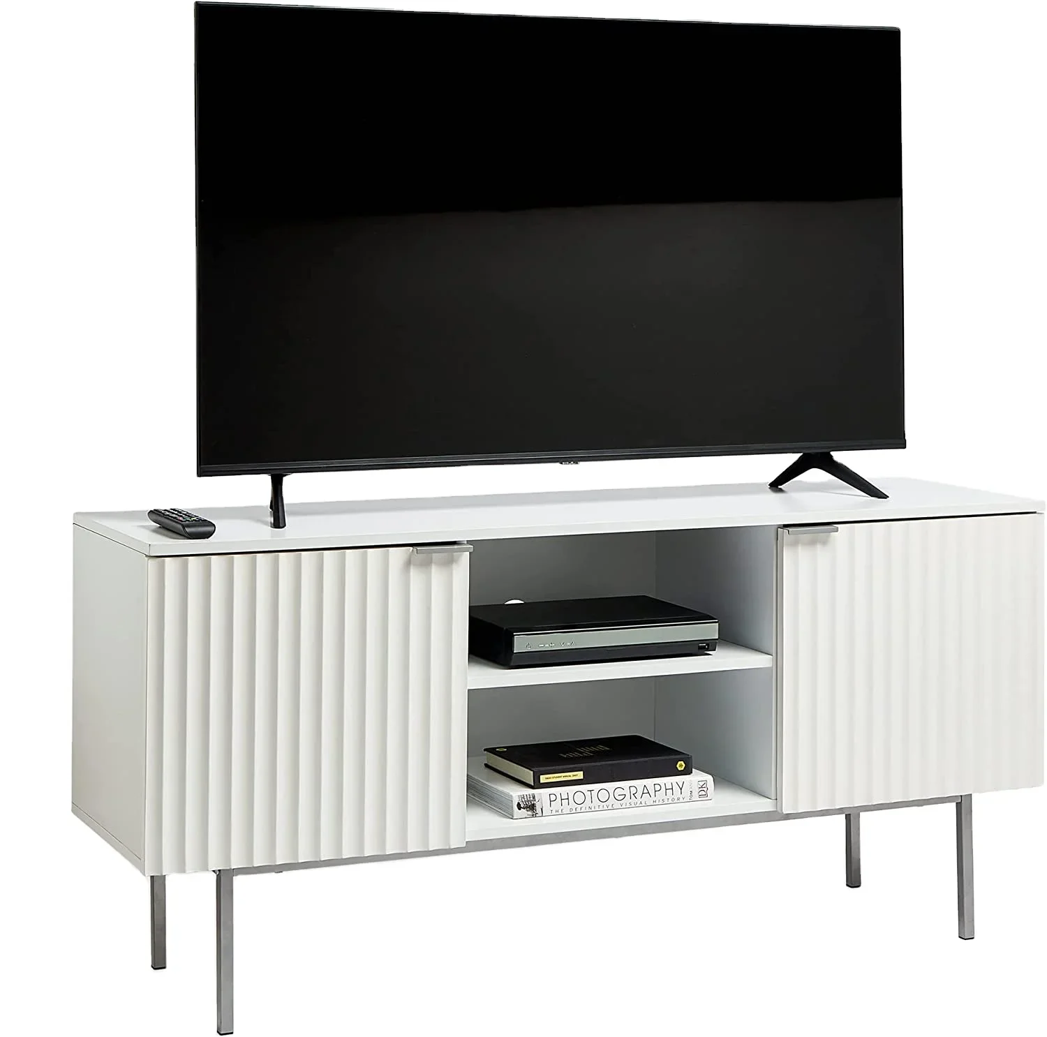 With 2 cabinets, open shelving and silver legs - living room white TV unit