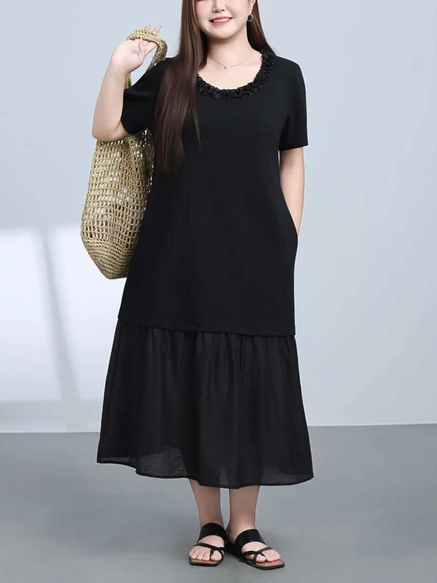 

Plus Size Women Black Calf Length Dress With Premium Lyocell Hem Patchwork Cotton Loose Lace Round Neck For Summer