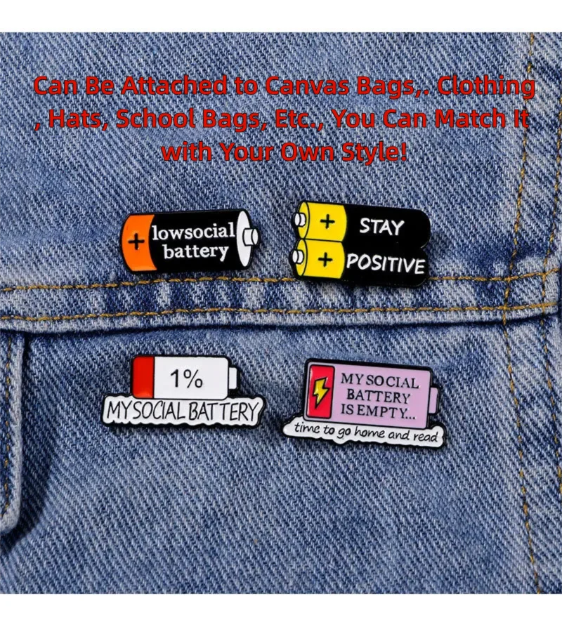 

Heye Mood Battery Mood Power Work Energy English Clothing, Bags, Hats, Pencil Cases, Badge, Safety Pin, Brooch Gift Set of 4