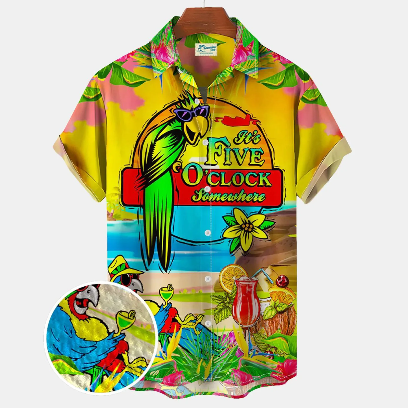 Camisa con estampado de loro para hombre, camisa hawaiana de manga corta de un solo pecho, ropa de animales de playa, moda de verano