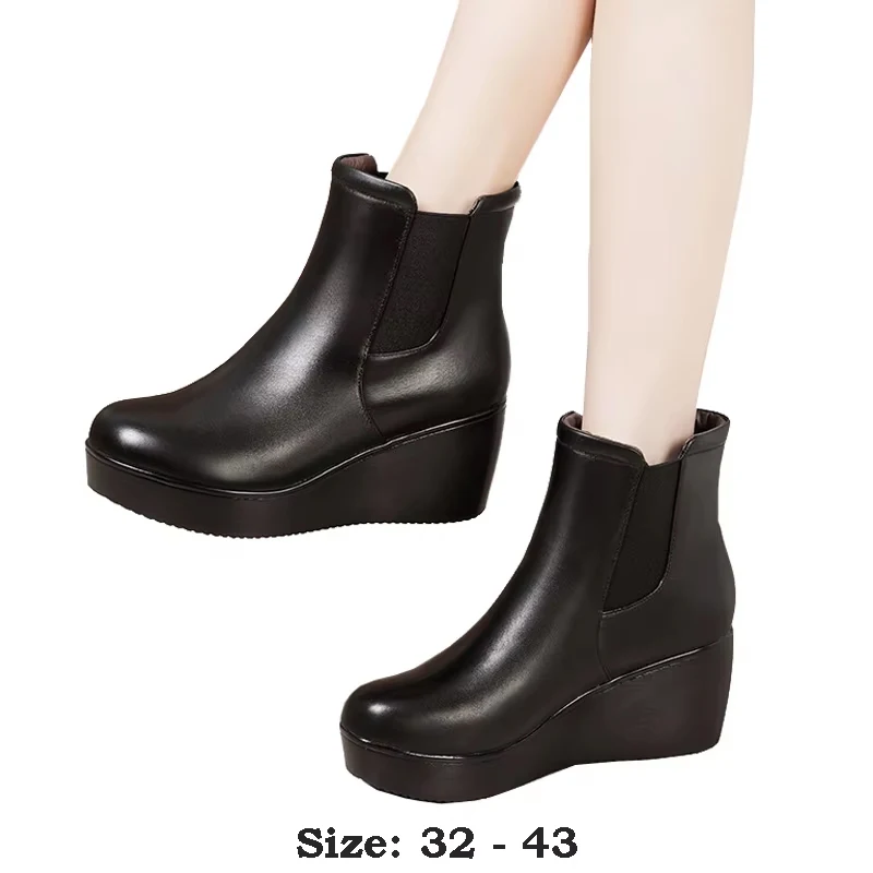 

high quality short ankle leather wedge boots for women 6cm mid heel platform new 2025 autumn winter 32 33 43 elegant shoe black