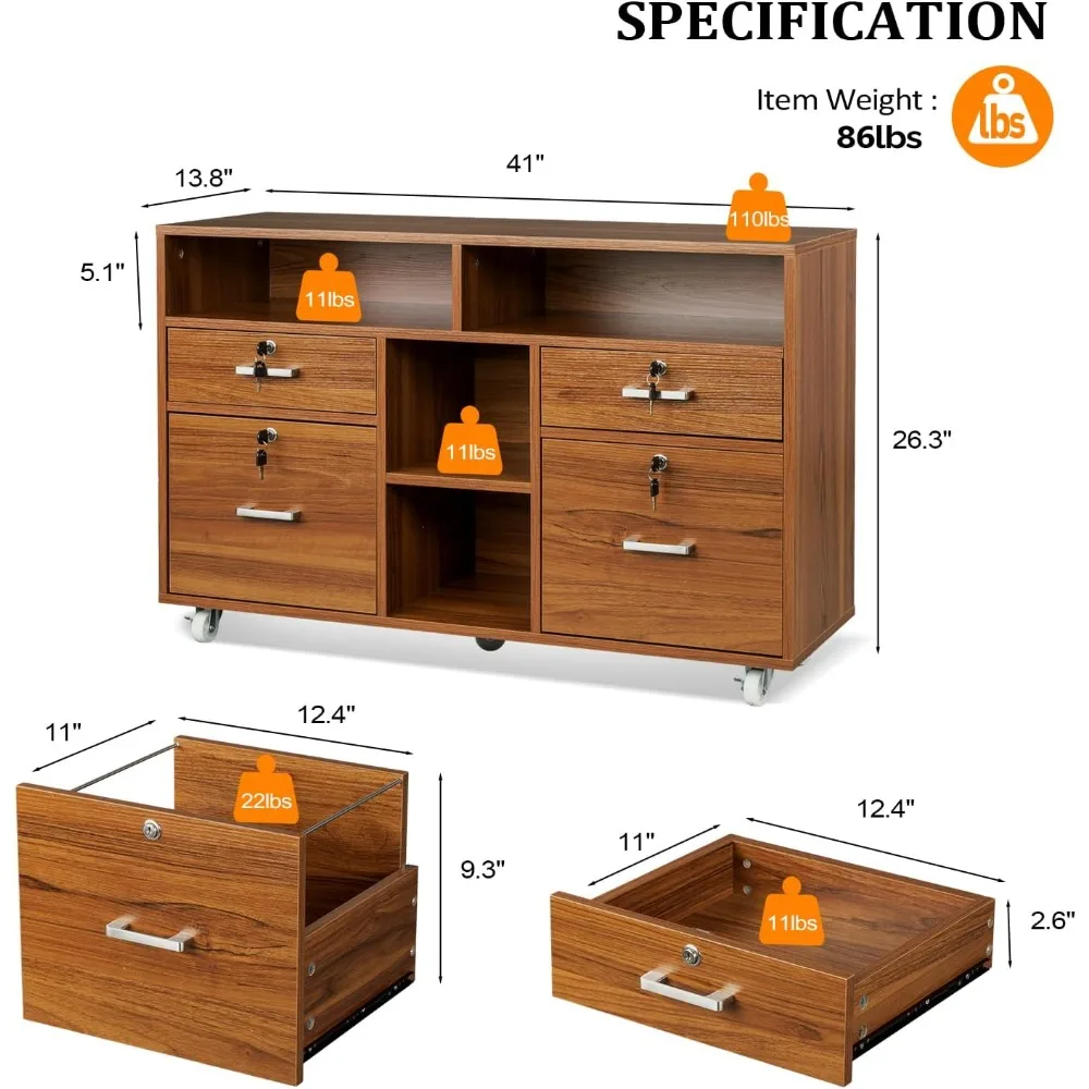 File Cabinet with Lock Wood Lateral with Open Shelves, Rolling for Home Office, Walnut File Cabinet Printer Stand, Office Cabine